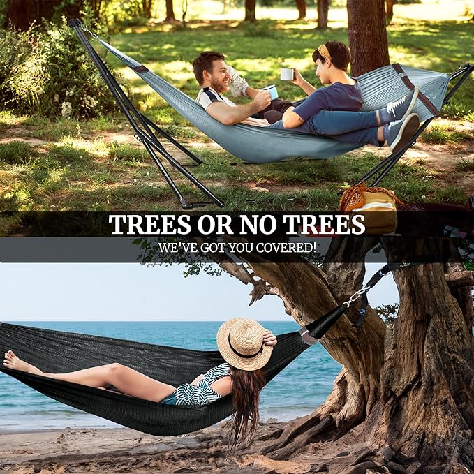 Tranquillo Combo x2 Hammocks with Stand for Outside & Tree Straps, Heavy Duty Hammock with Stand 600lbs for Indoor Outdoor Patio Backyard, x2 Hammocks for 2 Person, Portable Carrying Bags, Gray
