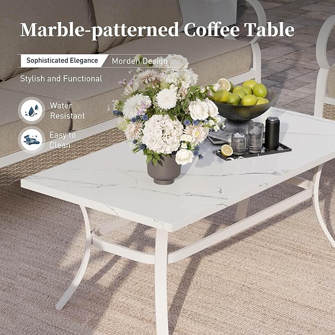 6 Piece Metal Outdoor Patio Furniture Set, Patio Conversation Set 1 3-Seater Sofa, 2 Fixed Sofa, 2 Swivel Chair with 5.75" Thick Cushion & Coffee Table White Backyard Furniture, Beige