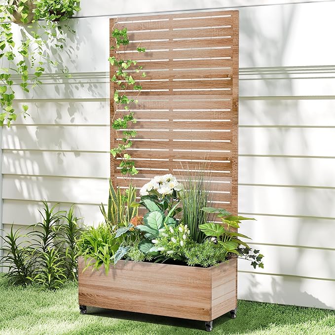 Raised Garden Bed with Trellis and Wheels,73"x47"x16" Metal Raised Garden Bed,Wood Finish Metal Planter with Climbing Trellis for Vines & Vegetables