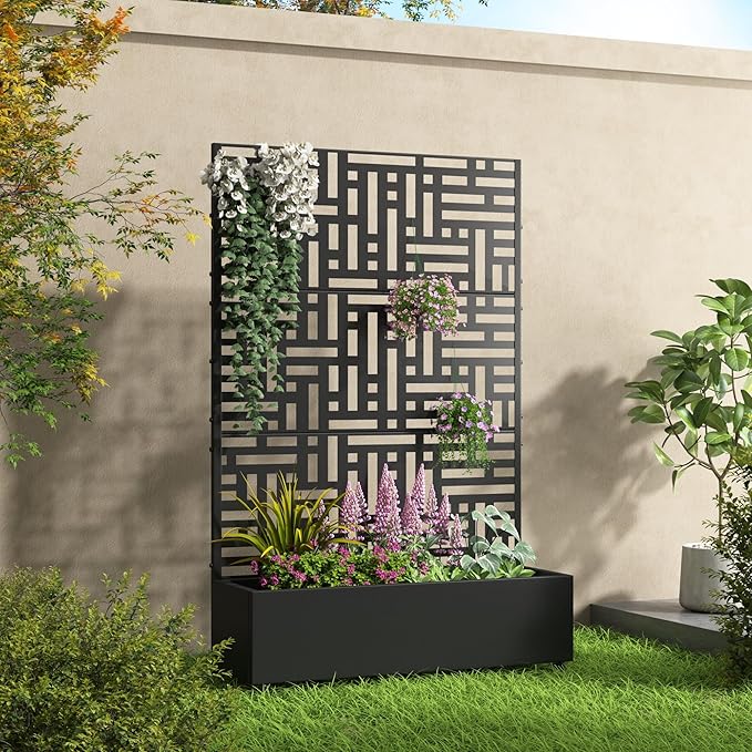 71"x47"x16" Metal Raised Garden Bed with Trellis, Trellis with Planter Box for Backyard Patio Balcony Climbing Plants, Black Helen