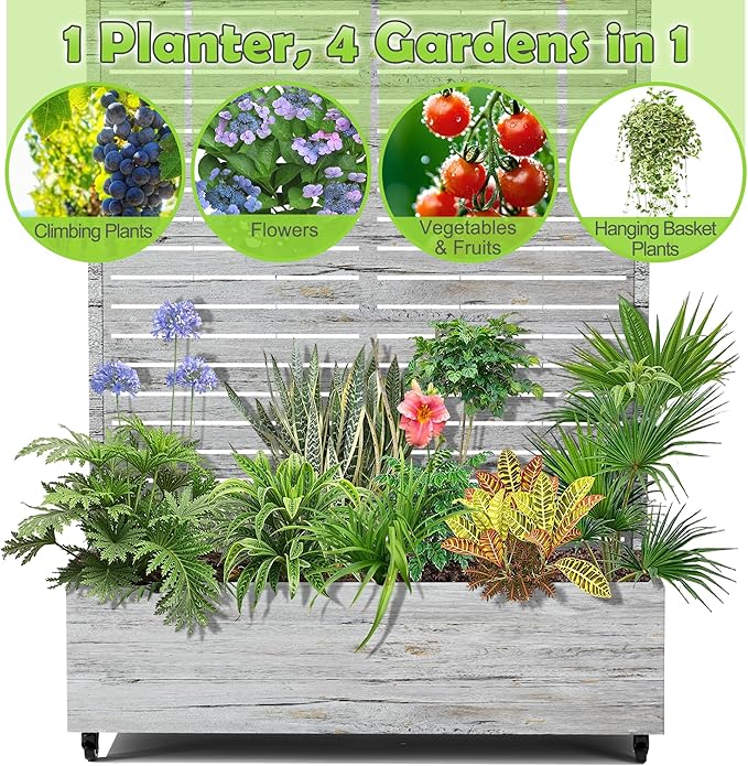 15.7"×70.9"×47.2" Metal Raised Garden Bed with Trellis and Wheels - Tall Trellis Planter Box for Climbing Plants, Vegetables & Vines - Outdoor Privacy Planters for Patio (White Oak Grain)