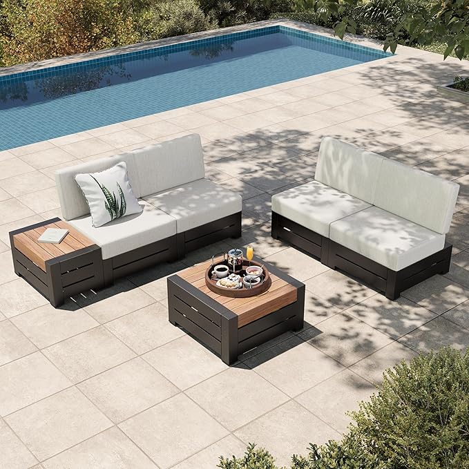 HERA'S HOUSE Patio Furniture Set 6-Piece, All Weather Outdoor Sectional Sofa with Coffee Table & Side Table, 5.9" Thick Waterproof Cushions, Modular Conversation Set for Garden, Deck, Backyard