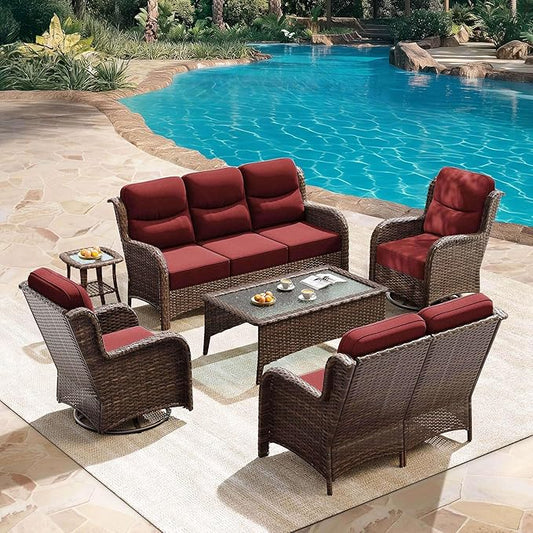 HILLGA Luxury Patio Furniture Set with 6-Inch Thick Cushions, High Back Outdoor Swivel Rocker Chairs Patio Couches, 6-Piece All Weather Conversation Set for Porch Deck Pool Yard, Burgundy (V3)