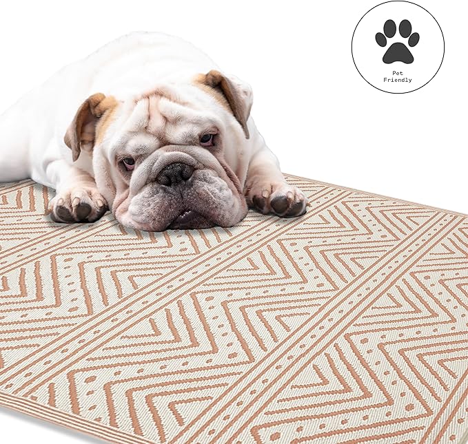 Fab Habitat Chevron Outdoor Rug - Waterproof, Fade Resistant, Crease-Free - Premium Recycled Plastic - Striped - Patio, Porch, Deck, Balcony - Patan - Coral - 5 x 8 ft