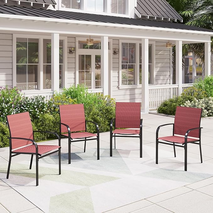 4 Pieces Outdoor Textilene Dining Chairs,Patio Dining Chairs Set, Fixed Patio Chairs with Armrest, Red