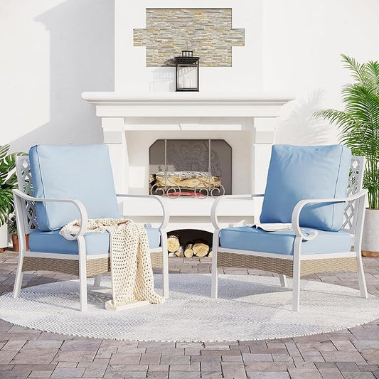 Metal Patio Chairs Set of 2 with 5.75" Extra Thick Cushion, 2 Pieces High Back Outdoor Patio Chairs All Weather White Outdoor Furniture Seating for Deck Backyard Balcony Porch, Blue
