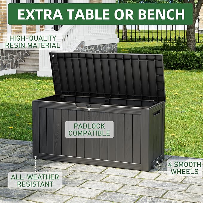NUNU LAB 76 Gallon Deck Box, Large Resin Outdoor Storage Box, Waterproof Patio Storage Container with Double Wall Panels for Cushions, Garden Tools, Pool Toys, and Packages