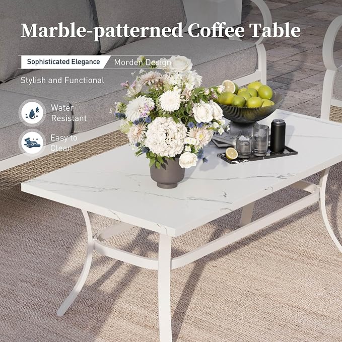 4 PCS Metal Outdoor Patio Furniture Set, Patio Conversation Sets 1 3-Seater Sofa, 2 Swivel Chairs with 5.75" Extra Thick Cushion and Coffee Table, White Frame Backyard Furniture, Gray