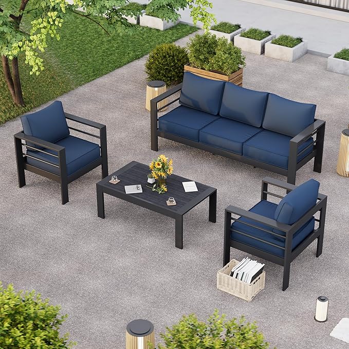 Aluminum Patio Furniture Set, 6 Piece Metal Outdoor Furniture Set, Patio Sets with Waterproof Covers for Backyard Garden(Blue&Black)