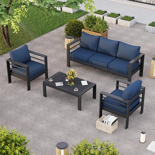 Aluminum Patio Furniture Set, 6 Piece Metal Outdoor Furniture Set, Patio Sets with Waterproof Covers for Backyard Garden(Blue&Black)