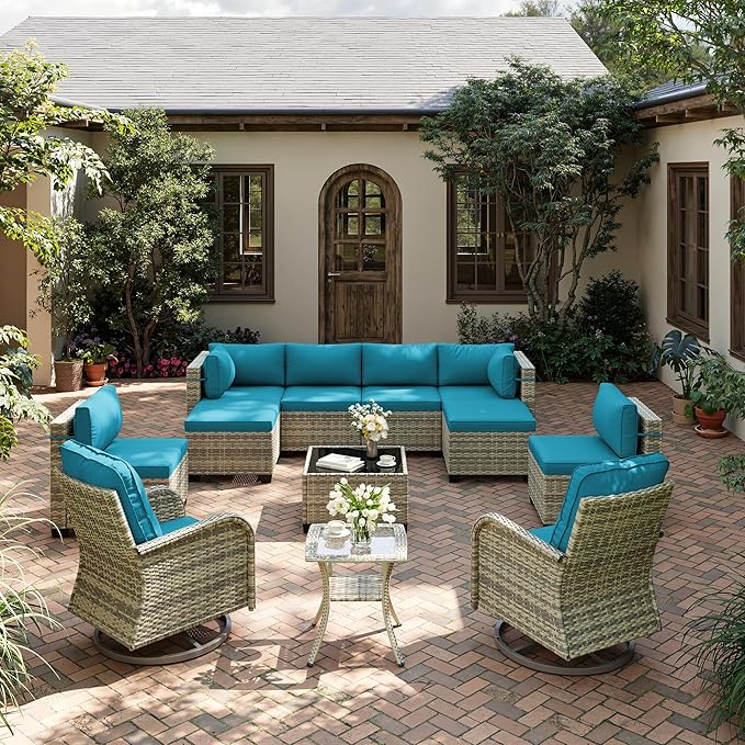 12-Piece Patio Furniture Set, Outdoor Patio Furniture with Swivel Chairs Set, Ottomans, Modular Patio Sofa, Dual-Strand Wicker Rattan, Rust-Resistant Frame, Lake Blue