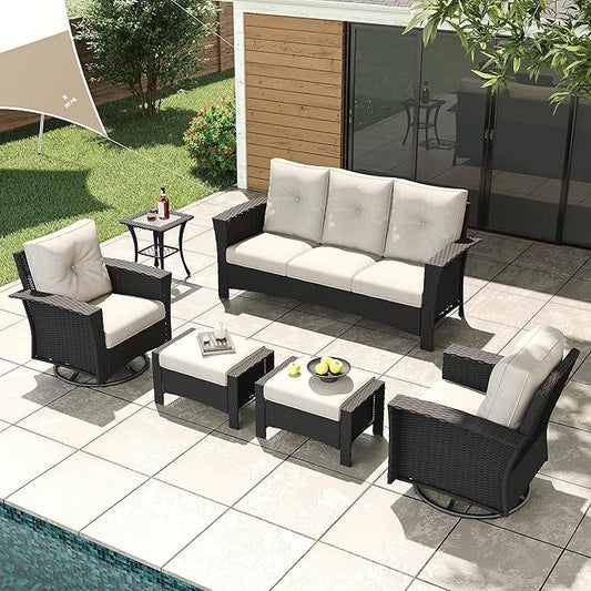LayinSun 6 Piece Wicker Patio Furniture Set, Classis Outdoor Conversation 360 Degree Swivel Chairs Set with Coffee Table