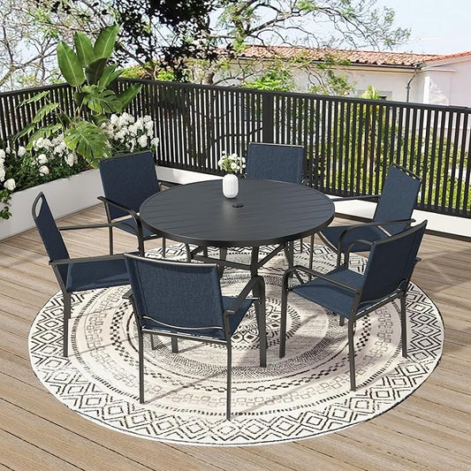7-Piece Outdoor Dining Set, 48'' Round Table with 6 Stackable Chairs All Weather Furniture Set - Navy