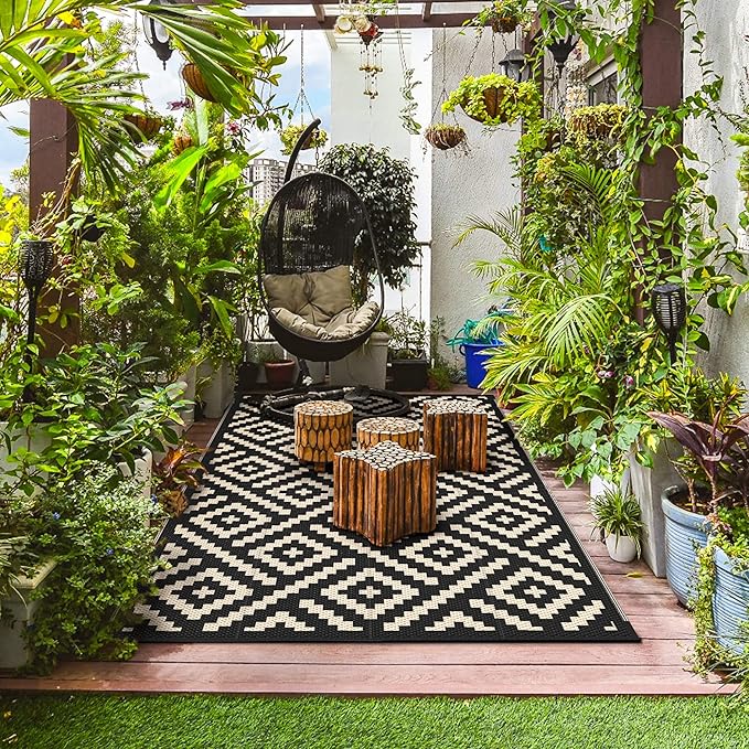 GENIMO Outdoor Rug 4'x6' Waterproof, Reversible Camping Mat, Plastic Straw Rugs for Patio, RV, Camper, Balcony, Backyard, Picnic, Deck (Black & Beige)