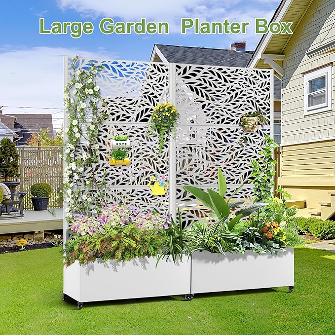 Raised Garden Bed with Trellis and Wheels,73"x35"x16" Metal Raised Garden Bed,White Flowing Leaf Metal Planter with Climbing Trellis for Vines & Vegetables