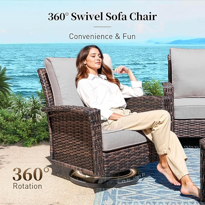Patio Wicker Swivel Chairs Set of 2, Outdoor High Back Chairs with 5.5" Waterproof Cushions, Outdoor Furniture Set for Deck Porch and Yard, Peacock Blue