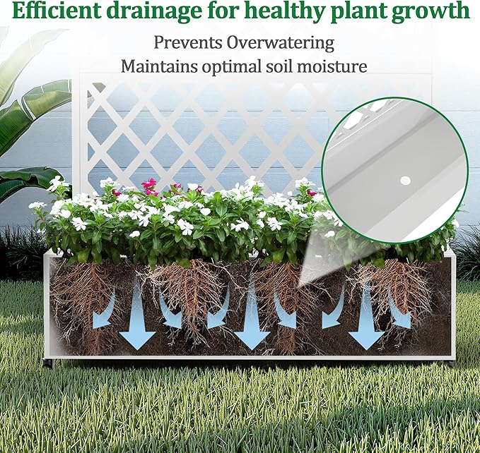 Metal Raised Garden Bed with Trellis and Wheels, 2 in 1 Trellis with Planter Box & Privacy Screen for Climbing Plants, Outdoor Standing Flower Beds with Drainage Holes, 35.4"L x 15.7"W x 70.9"H, White