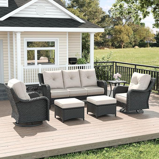 LayinSun 6 Piece Wicker Outdoor Furniture Set with 6-inch Comfy Cushions, High Back Patio Furniture Set with Swivel Rocking Chairs and Side Table