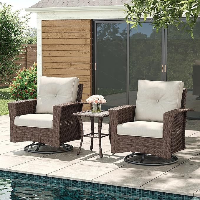 LayinSun 3 Piece Wicker Patio Furniture Set, Classis Outdoor Conversation 360 Degree Swivel Chairs Set with Coffee Table