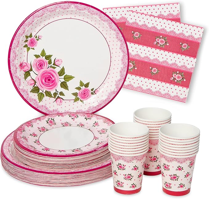 Royal Bluebonnet Rose Paper Plates and Napkins for Birthday Decorations - Set of 24 Sturdy 400 GSM Weighted Spring Paper Plates for Mothers Day, Disposable Floral Party Supplies for Easter Brunch