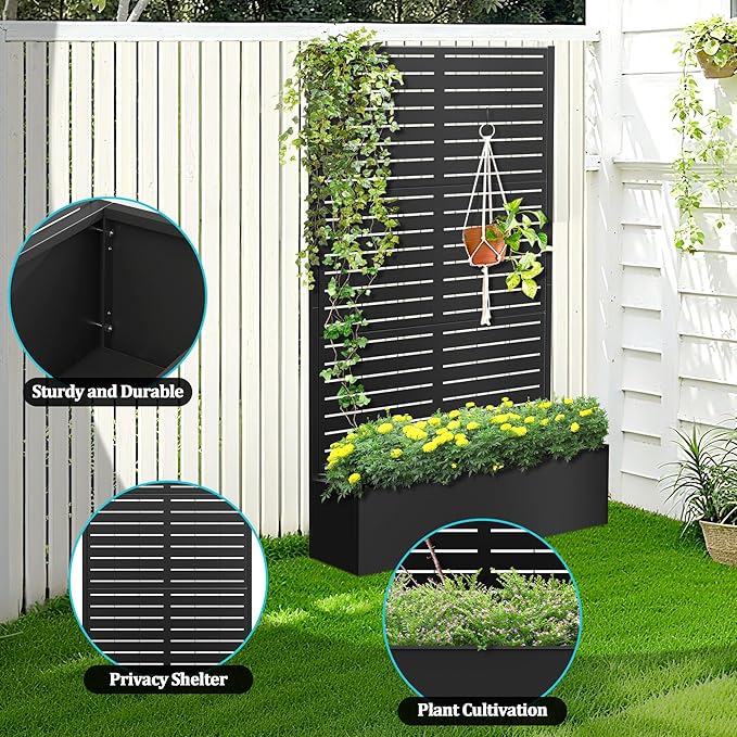 Metal Planter Box with Trellis, Planter Box with Privacy Screen, Privacy Trellis Outdoor for Climbing Plants with Drainage Holes, Raised Garden Bed for Vegetables