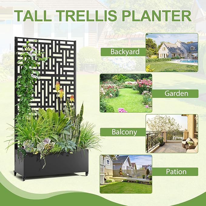 Raised Garden Bed with Trellis and Wheels,73"x35"x16" Metal Raised Garden Bed,Black Modern Metal Planter with Climbing Trellis for Vines & Vegetables