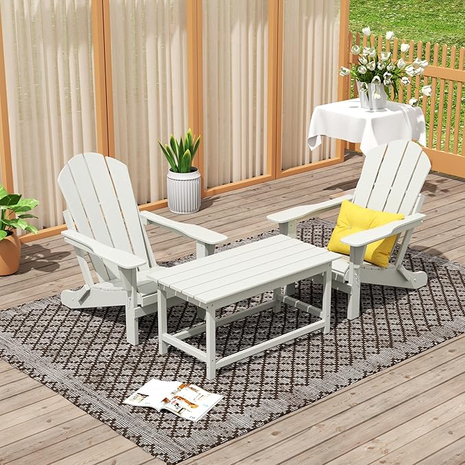 WO Home Furniture Adirondack Chairs Table Set of 3 PCS Outdoor Folding Chairs Coffee Table Weather/UV Resistant for Lawn, Garden, Bon Fire, Balcony (Sand)