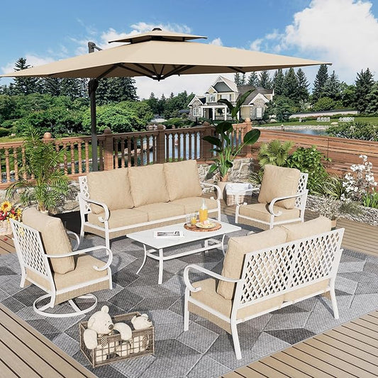 5 Piece Patio Furniture Set, 2 x Swivel Chair, 1 x 2-Seat Sofa, 1 x 3-Seat Sofa with Marbling Coffee Table, All Cushioned 7 Seats Outdoor Conversation Set for Lawn Garden Backyard, Beige