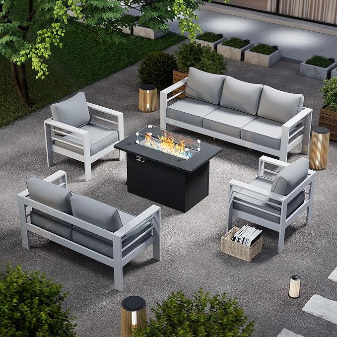 Patio Furniture Set with Fire Pit Table, Aluminum Patio Furniture Set,White Outdoor Metal Sectional Sofa with Aluminum Fire Pit Table for Garden Backyard (Include Waterproof Cover)