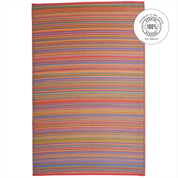 Fab Habitat Outdoor Rug - Waterproof, Fade Resistant, Crease-Free - Premium Recycled Plastic - Striped - Large Patio, Deck, Sunroom, Camping, RV - Cancun - Multicolor - 6 x 9 ft