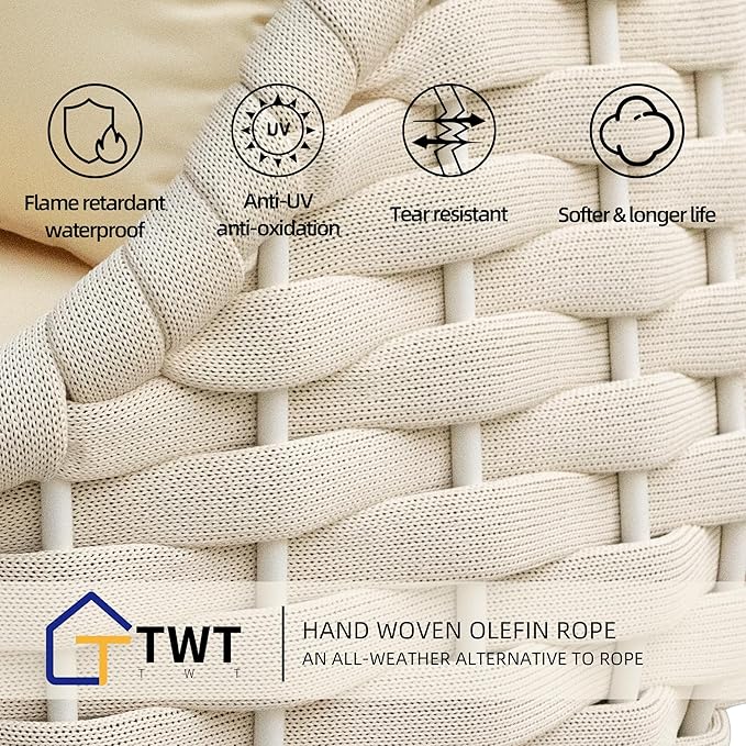 TWT Outdoor 3-Piece Conversation Set Rust Free Patio Furniture Set Already Assembled Compact-Weave Rope Olefin Modern Sofa Seating with Thick & Washable Cushions for Indoor, Backyard, Balcony, Cream