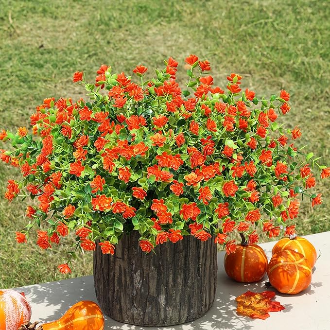 Ivydale Artificial Fall Mums Faux Flowers Plants for Outdoor Outside, 12 Bundles Fake Autumn Orange Daisy Flower Plastic Greenery Realistic UV Resistant for Front Porch Patio Balcony Garden Yard Decor