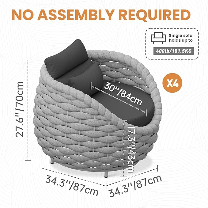 4 PCS Deck Furniture Accent Chair: Aluminum Woven Rope Chair - Outdoor Lounge Armchair Cushioned - Modern Patio Seating Assembled - All Weather for 400lbs Porch Lanai Balcony Yard Garden Hotel