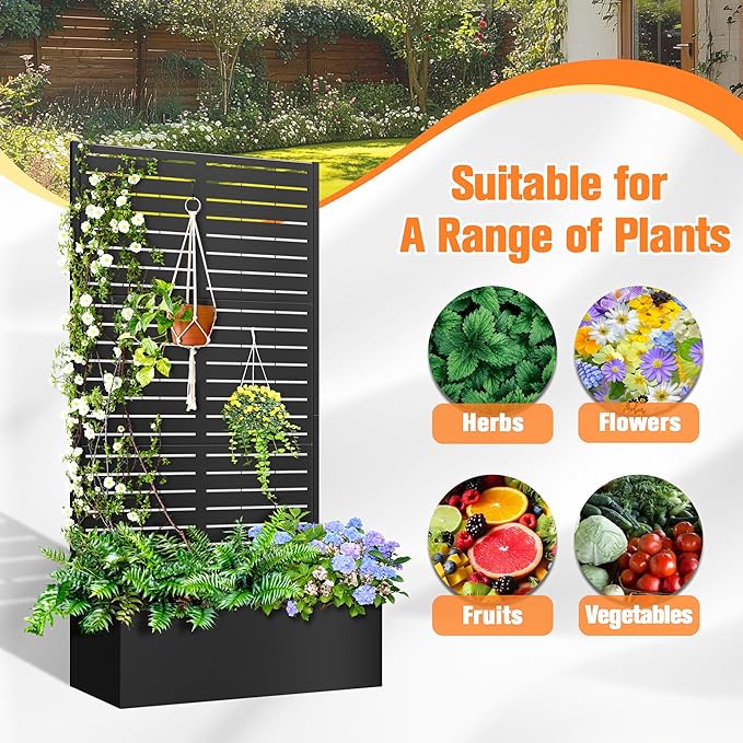 Metal Planter Box with Trellis, Raised Garder Bed with Drainage Hole, Privacy Screen & Trellis for Climbing Plants, Outdoor Plant Stands, 35''L×16''W×71''H, Black