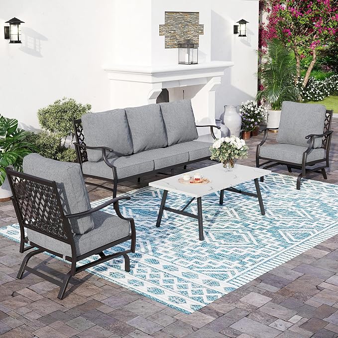 4 Piece Metal Outdoor Patio Furniture Set, Patio Conversation Set 1 3-seater Sofa, 2 Rocking Chair with 5.75" Extra Thick Cushion and Coffee Table, Black Frame Backyard Furniture, Gray