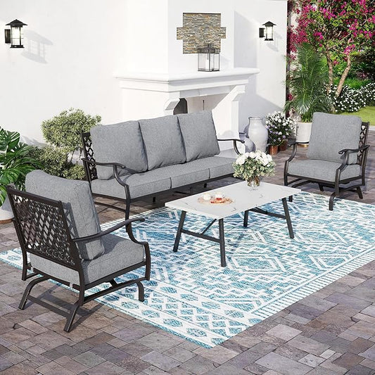 4 Piece Metal Outdoor Patio Furniture Set, Patio Conversation Set 1 3-seater Sofa, 2 Rocking Chair with 5.75" Extra Thick Cushion and Coffee Table, Black Frame Backyard Furniture, Gray