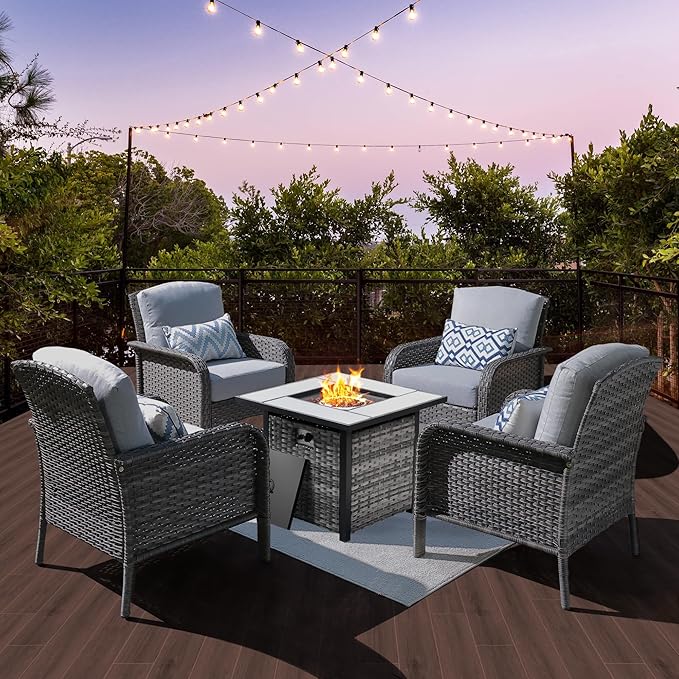 ovios 4 Pieces Patio Furniture Set with 30" Fire Pit Table, Outdoor Wicker Chairs of 4, All Weather High Back Rattan Chairs 4-Seater with Comfy Cushions, Grey