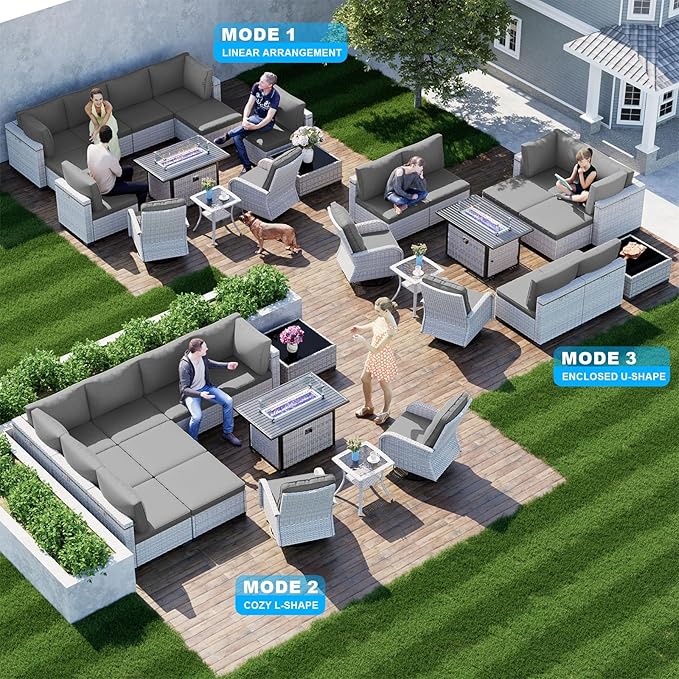 13-Piece Patio Furniture Set, Outdoor Patio Furniture with Swivel Chairs Set, Ottomans, 55,000 BTU Fire Pit Table, Modular Patio Sofa, Dual-Strand Wicker Rattan, Rust-Resistant Frame, Grey