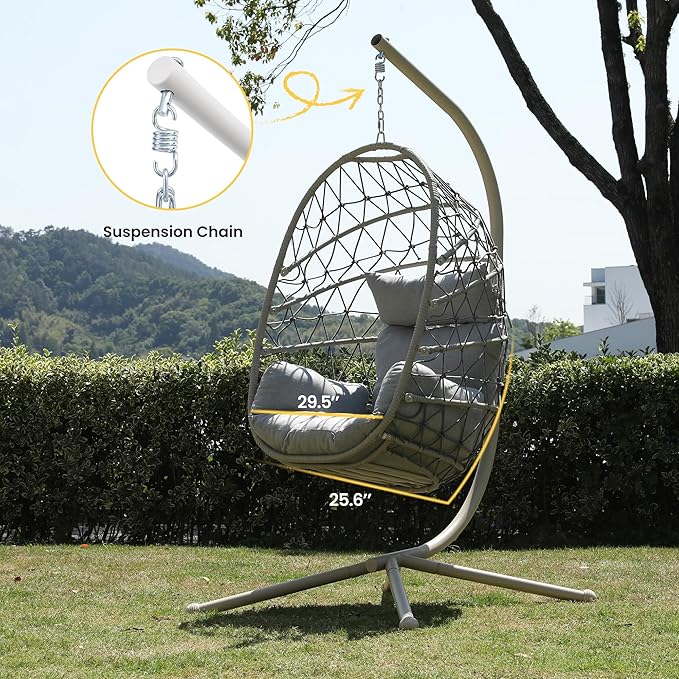 RoyalCraft Hanging Egg Chair Outdoor Swing Chair with Stand, Hammock Chair Indoor, Patio Boho Wicker Hanging Chair with Stand 350lbs Capacity for Garden, Balcony, Bedroom, Beige & Gray