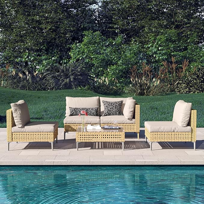 Grand patio 5-Piece Wicker Patio Furniture Set, Boho Outdoor Sectional Sofa with Water Resistant Thick Cushions Coffee Table, Cream
