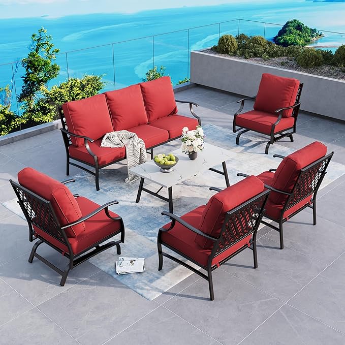 6 Piece Metal Outdoor Patio Furniture Set, Patio Conversation Set 1 3-Seater Sofa, 2 Rocking Chair, 2 Leg Chair with 5.75" Thick Cushion and Coffee Table, Backyard Furniture Set, Red