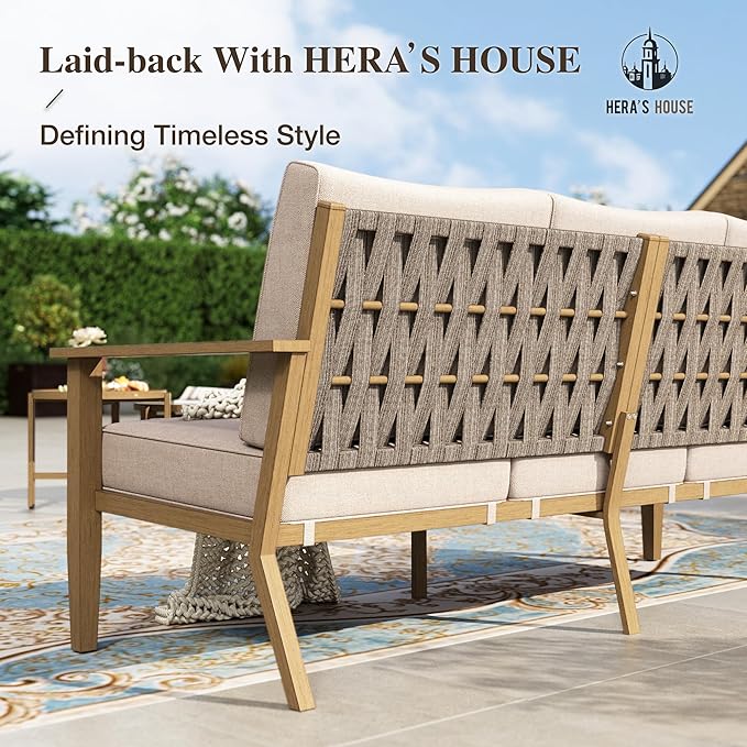 HERA'S HOUSE Patio Furniture Set 7-Piece, Metal Outdoor Conversation Set with Wood Grain Finish, 2 x Leg Chair, 2 x Swivel Chair, 1 x 3-Seat Sofa, 2 x Multi-Functional Coffee Table Garden Deck Lawn