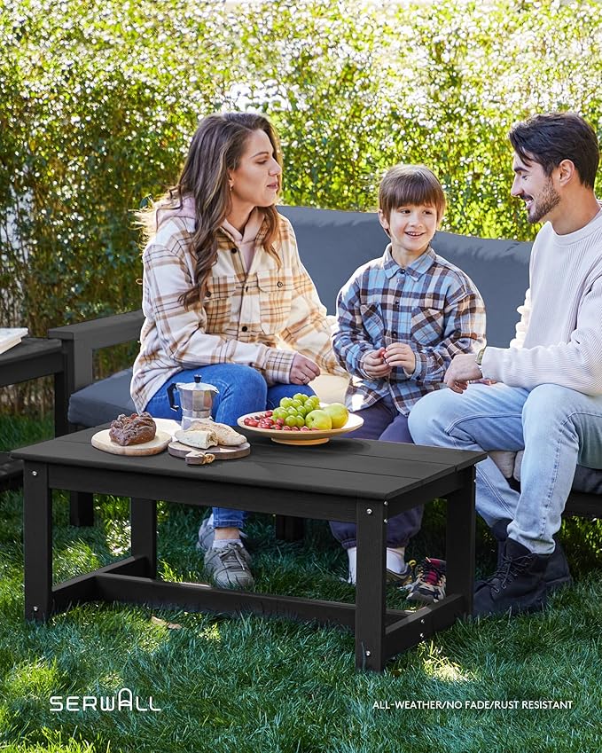 SERWALL HDPE Patio Furniture Set, 7-Piece Outdoor Sectional Sofa Set, All Weather Outdoor Couch Set for Deck, Lawn, Black Frame with Grey Cushion