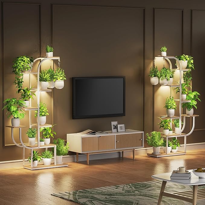 White Plant Stand, 7 Tier Tall Plant Shelf with Grow Light, Large Curve Shaped Lighted Plant Stand for Multiple Plants, Indoor Home Decor Display Rack