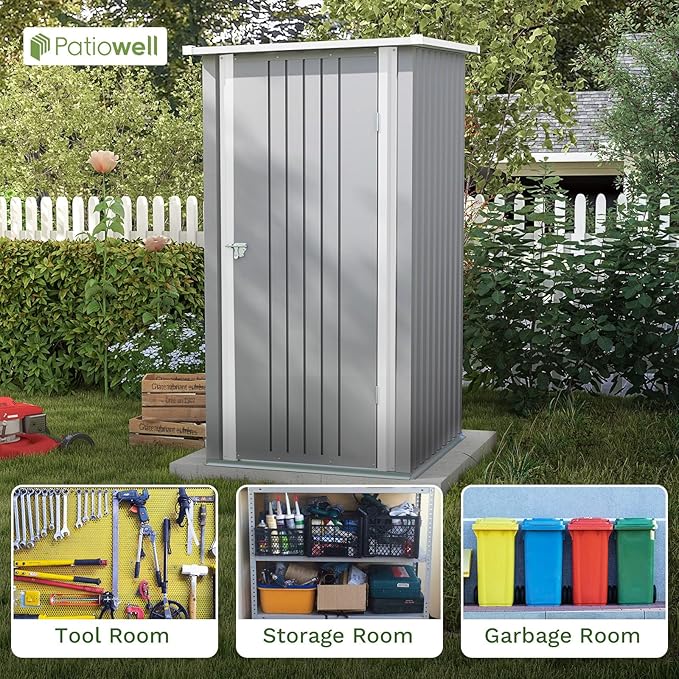 Patiowell 3 x 3 FT Outdoor Storage Shed,Small Garden Tool Storage Shed with Sloping Roof and Single Lockable Door, Outdoor Shed for Backyard Garden Patio Lawn, Grey