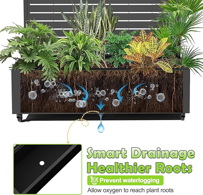 15.7"×70.9"×47.2" Metal Raised Garden Bed with Trellis and Wheels - Tall Trellis Planter Box for Climbing Plants, Vegetables & Vines - Outdoor Privacy Planters for Patio (Black-Louvered)