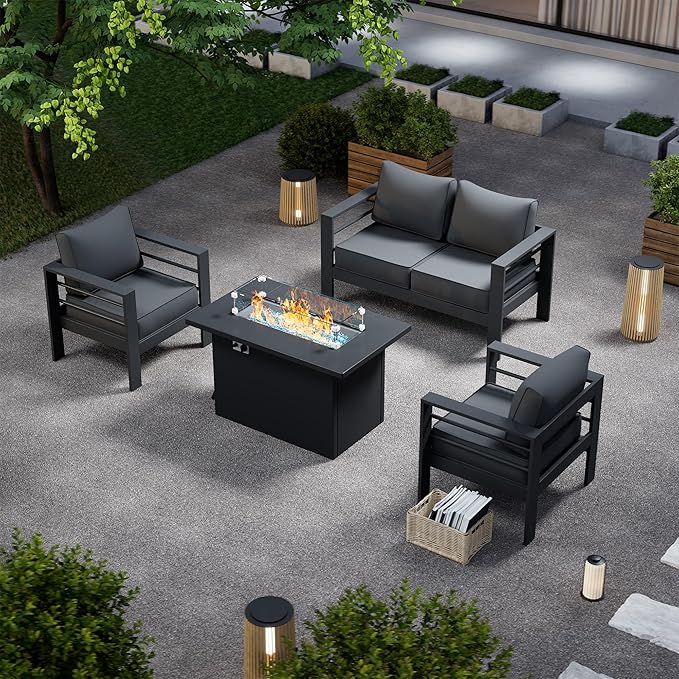 Patio Furniture Set with Fire Pit Table, Aluminum Patio Furniture Set,Grey Outdoor Metal Sectional Sofa with Aluminum Fire Pit Table for Garden Backyard (Include Waterproof Cover)