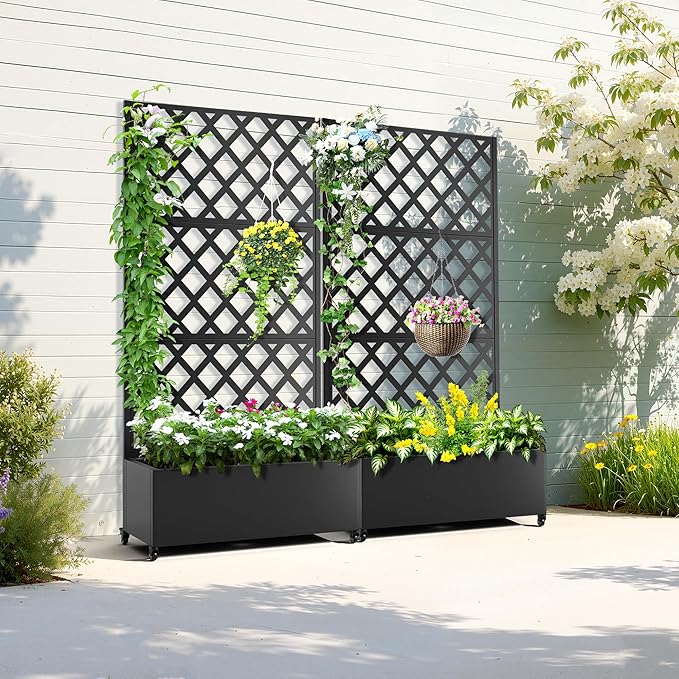 Metal Planter Box with Trellis & Wheels, Raised Garden Bed with Privacy Screen, Outdoor Standing Flower Beds with Drainage Hole for Climbing Plants, Vine, 35.4" L x 15.7" W x 70.9" H, Black