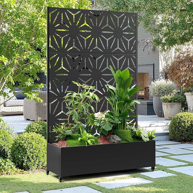 15.7"×70.9"×47.2" Metal Raised Garden Bed with Trellis and Wheels - Tall Trellis Planter Box for Climbing Plants, Vegetables & Vines - Outdoor Privacy Planters for Patio (Black-Star)