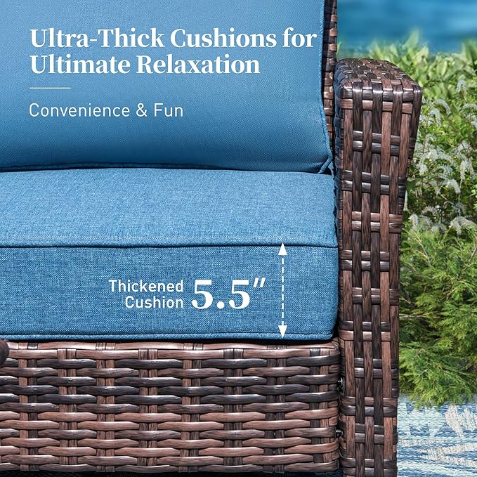 6 Pieces Patio Furniture Set with Swivel Chairs, High Back Wicker Rattan Sofa with Extra Thick Cushion and Coffee Table, Outdoor Conversation Set for Garden Backyard Deck, Blue
